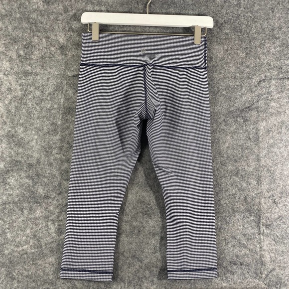 Lululemon Leggings 6 Wunder Under Crop Gingham Printed Navy Blue White Luon - Picture 2 of 15
